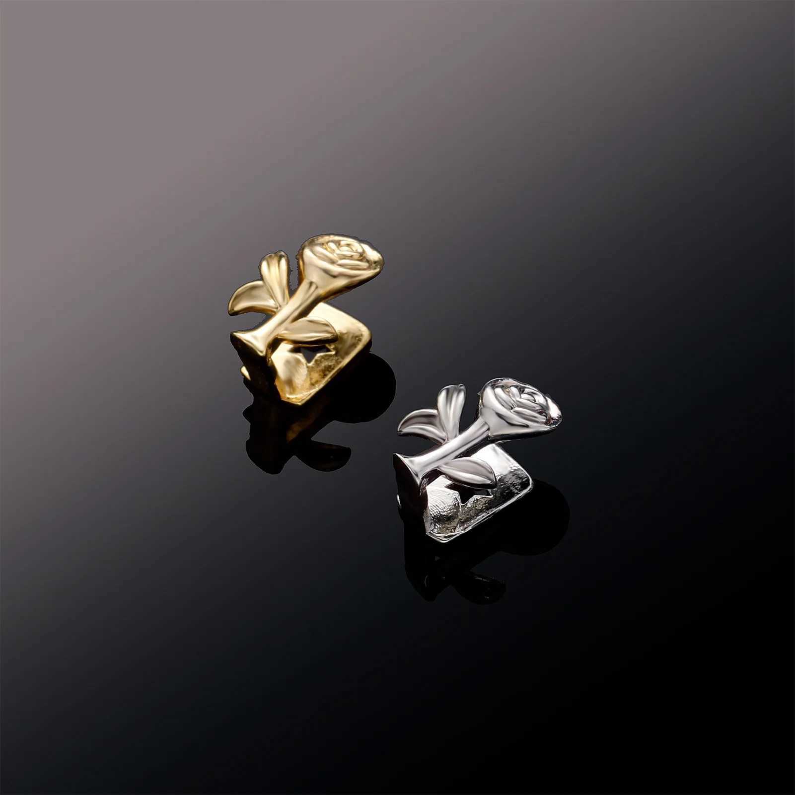 Single Roses Teeth Grillz Yellow Gold Color Plated Canine One Tooth Grills Upper Hip Hop Top Fangs Hollow GrillXJ241225