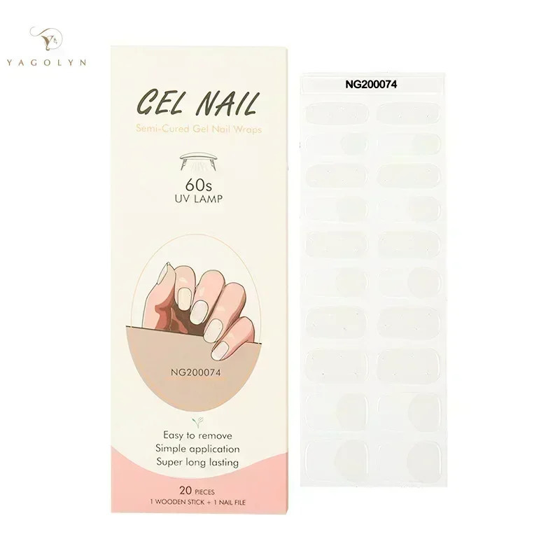 20Tips Jelly Pink Fluorescent UV Semi-Cured Gel Nail Patch Pearl Gradient Nude Adhesive Slider Long Lasting Nail Art Stickers 241225