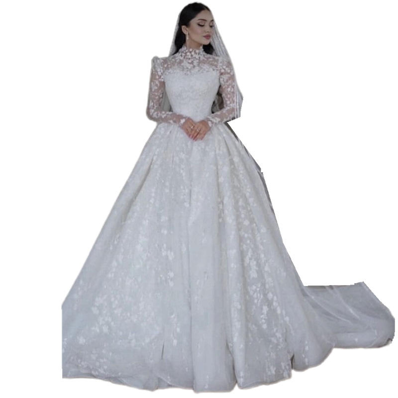 Princess Lace Wedding Dresses High Neck Long Sleeves Elegant Bridal Gowns Court Train 2025 Arabic Ivory Bride Dress