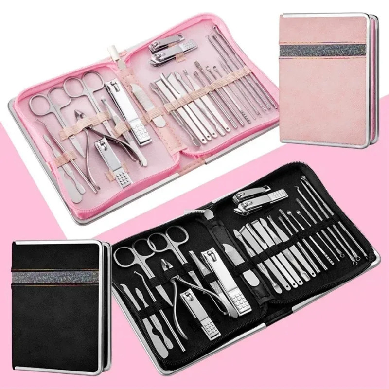 Nail Clipper Set Nail Art Set Zipper Bag 26 Pieces Rose Gold Dead Skin Pliers Pedicure Knife Needle Manicure Set 241225