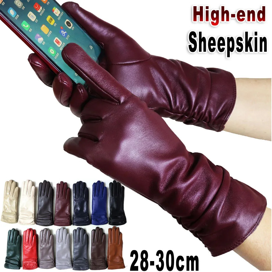 High-end Leather Sheepskin Gloves Womens Warm Knitted Flannel Lining Touch Screen Color Leather Gloves Driving Genuine 241225