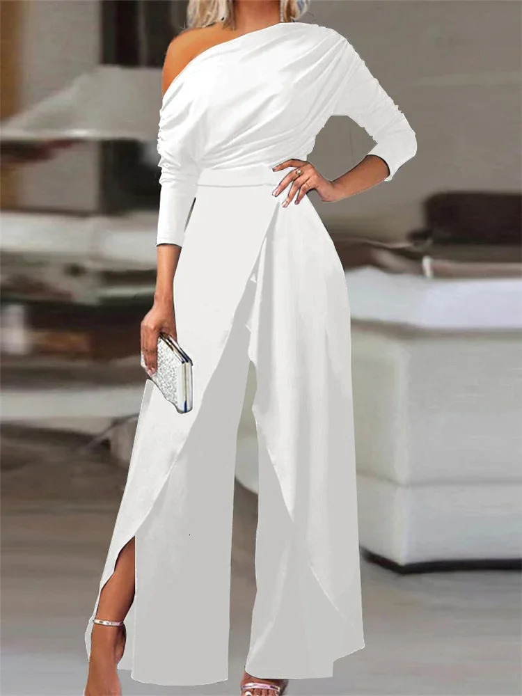 2025 Spring Jumpsuits for Women Plain Elegant Office Lady Loose Ruched One Shoulder Split Hem Wide Leg Jumpsuit 241225