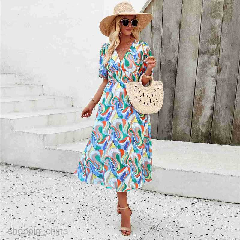 dresses for woman dress women's spring/summer vacation casual print waist cinched V-neck short sleeved long skirt