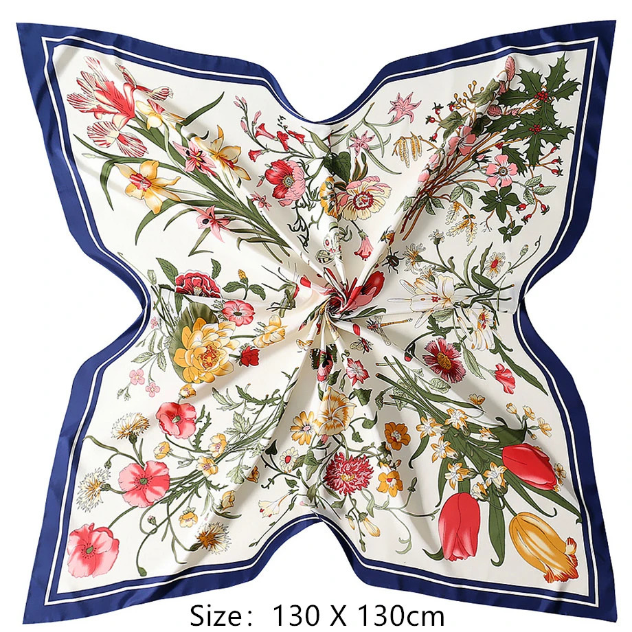 130cm Twill Silk Scarf Women Bandana Square Scarf Floral Kerchief Scarves For Ladies Fashion Shawl Echarpe 241225