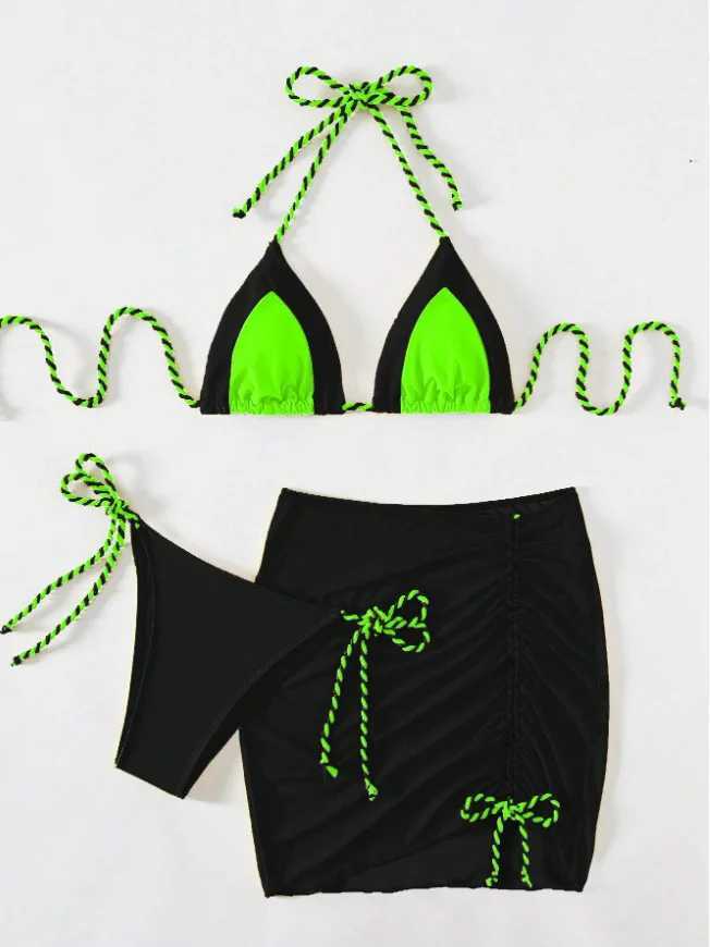 New 3-piece swimsuit womens thong swimsuit sexy striped bikini with sarong drag skiing beach swimsuit yellow greenW241225