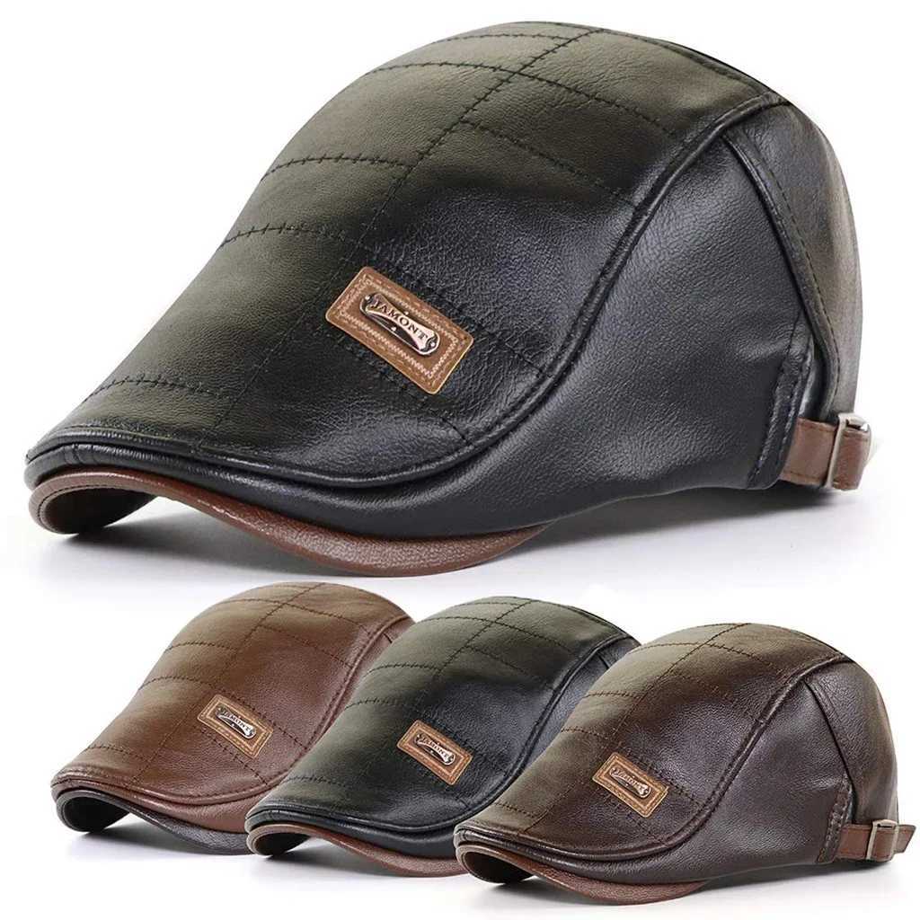 Mens fashion retro PU leather beret autumn winter warm beret middle-aged and elderly mens lining warm flat leather hat adjustable W241225