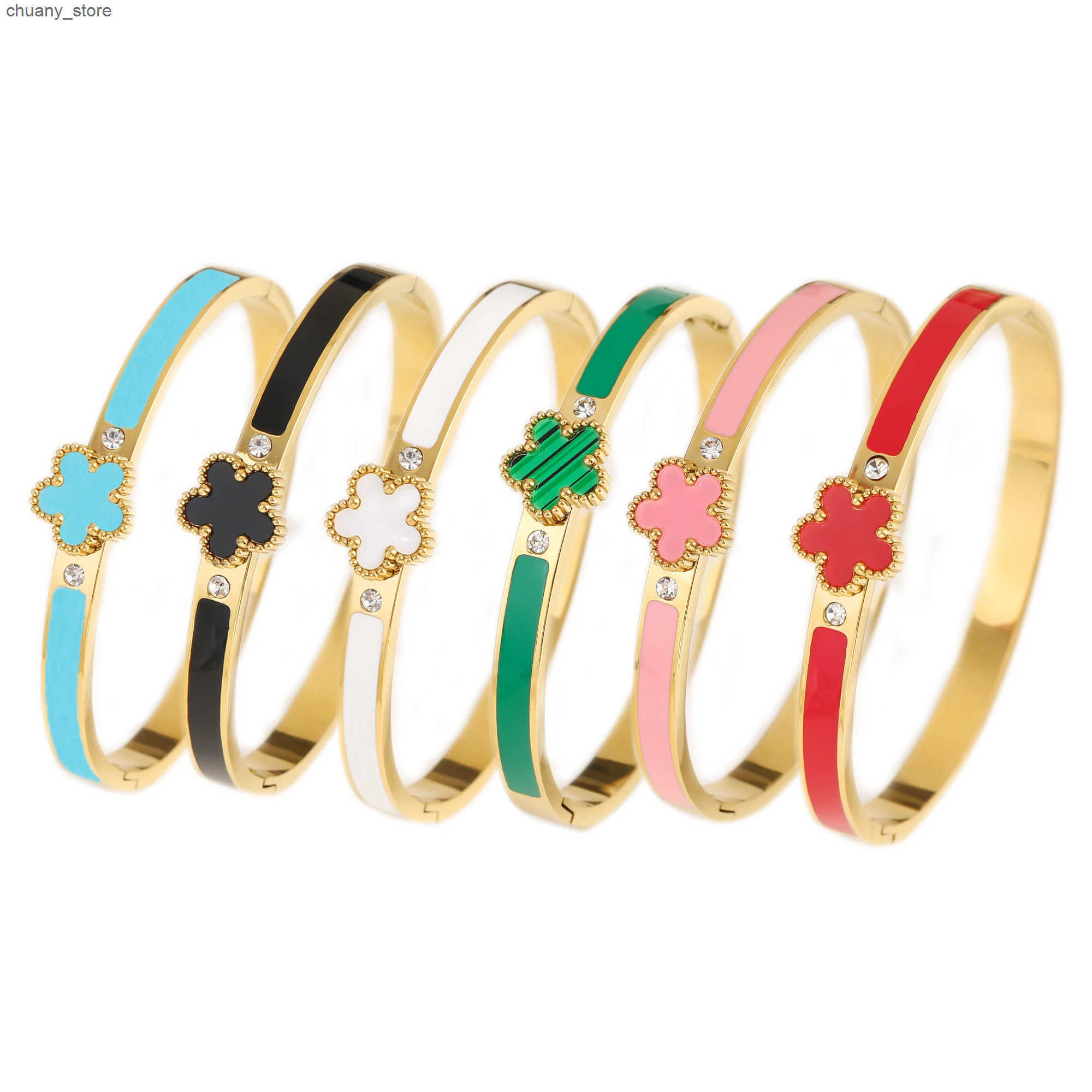 Chain New Arrival Stainless Steel Oil Drop Shell Five Leaf Flower Open Bangle for Man Woman Fashion Party Classic Jewelry Clover 2025 L240910