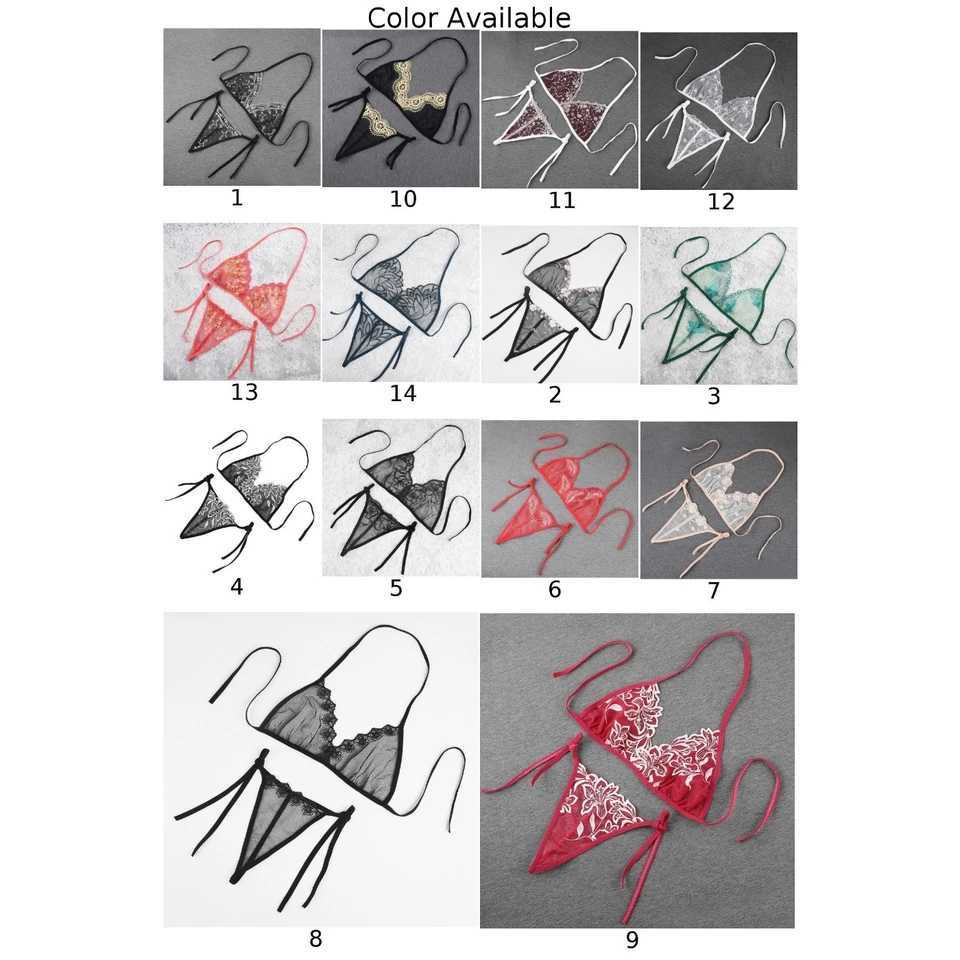 Sexy lingerie womens bikini embroidery flower 3-point transparent mesh lace up bra+thongW241225