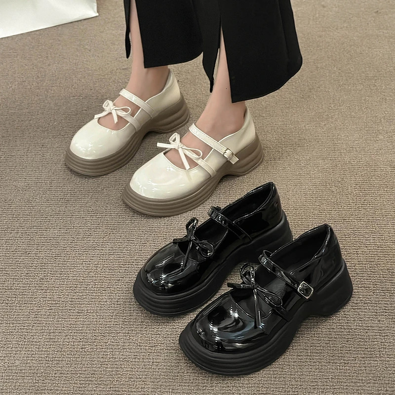 Black Chunky Platform Mary Jane Shoes for Women Autumn Patent Leather Pumps Woman Thick Bottom Bowknot Lolita Shoes Ladies 241225