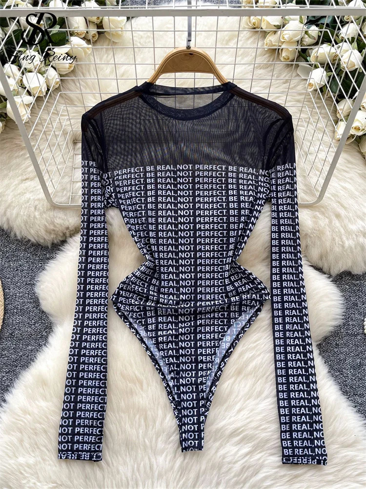 SINGREINY Sexy Ladies Bodysuits Long Sleeves Transparent Letter Print Chic American Fashion Slim sweet Mesh Playsuits 241225
