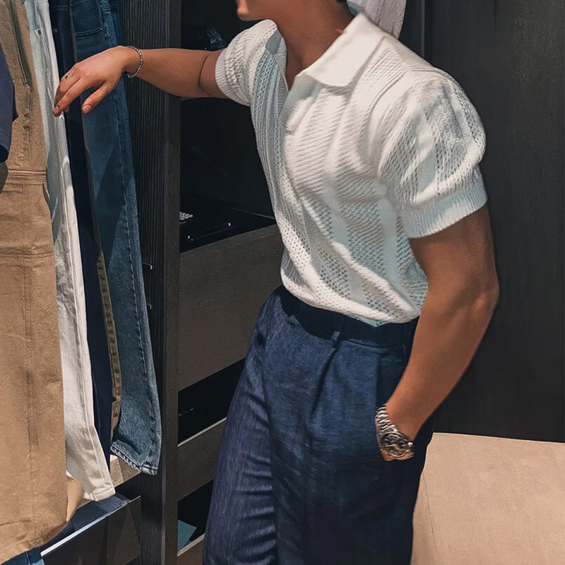Sexy Hollow Out Knitted Polo Shirts Men Trendy Solid Color Short Sleeve Lapel Knit Tops Summer Mens Slim Knitting Mesh Polo Tees 241224