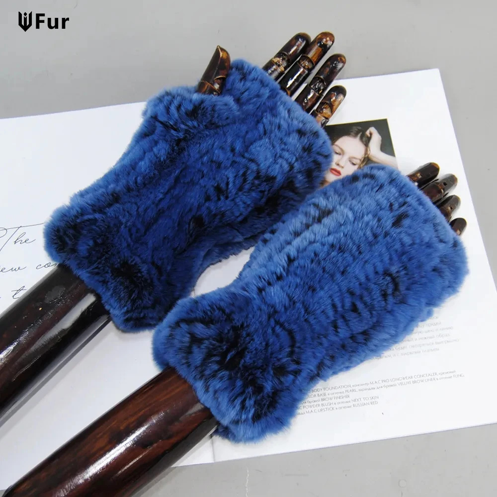 2024 Fashion Real Rex Rabbit Fur Womens Winter Gloves Genuine Fur Mittens Girl Fingerless Gloves Wrist Warmer Elastic Fluffy 241225