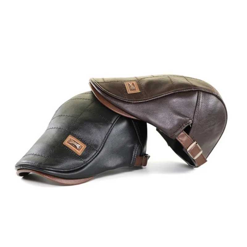 Mens fashion retro PU leather beret autumn winter warm beret middle-aged and elderly mens lining warm flat leather hat adjustable W241225