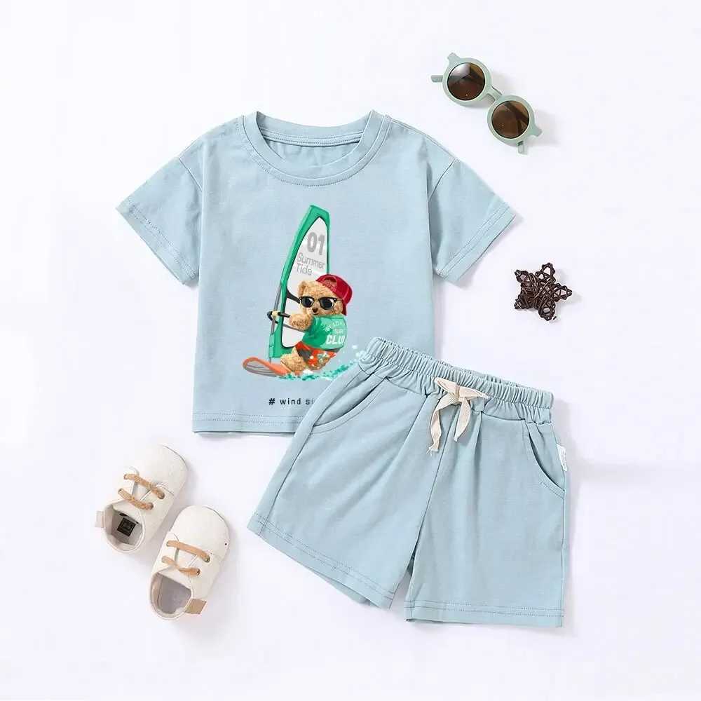 Clothing Sets Summer Childrens Printed Short Sleeve Set 0-6T Boys and Girls Cartoon Bear Pattern Sports and Leisure Two Piece SetY241225UEJ8