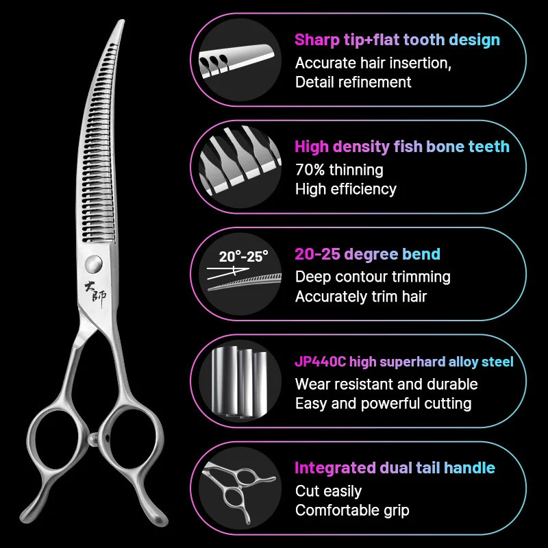 Fenice High-end 7 Inch JP440C Steel Pet Grooming Magic Scissors Trimming Pet Hairdressing Dog Grooming Curved Shears 70% rate 241225