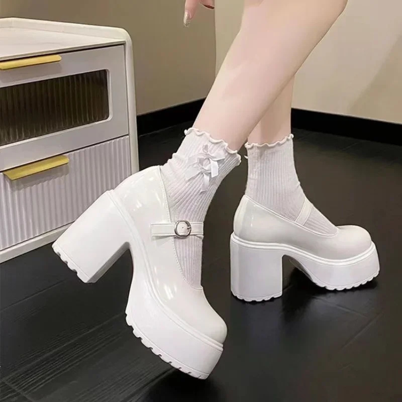 Fashion Coarse Heel One Piece Buckle Leather Shoes Thick Bottom Retro Mary Jane High Heels 241225