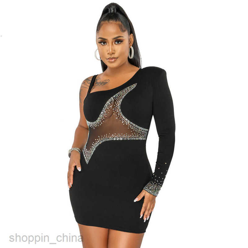 women dresses fashion one shoulder long sleeve perspective mesh stitched straight cloth hot drill buttock dress women