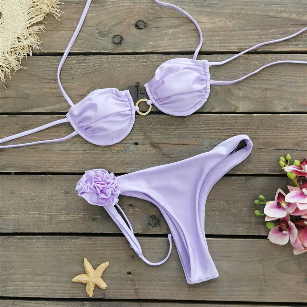 3D floral push up bikini set bead suspender swimsuit mini thong sexy swimsuit womens metal ring swimsuit bikini 2024 MuejerW241225