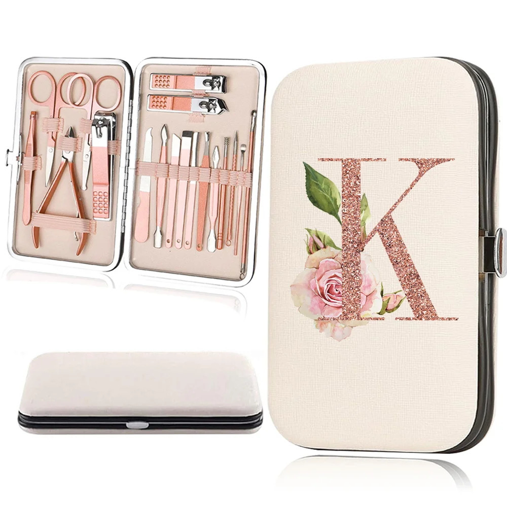 18Pcs Nail Clipper Set Manicure Pedicure Kit Stainless Steel Nippers Trimmer Care Tool Portable PU Case Rose Gold Letter Pattern 241225