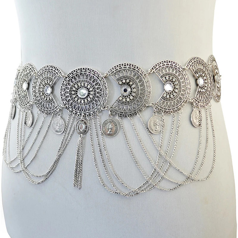 Gypsy Afghan Coin Ethnic Waist Belly Chains Hollow Moon Crystal Flower Long Tassel Moroccan Belts Indian Sexy Body Chain Jewelry 241225