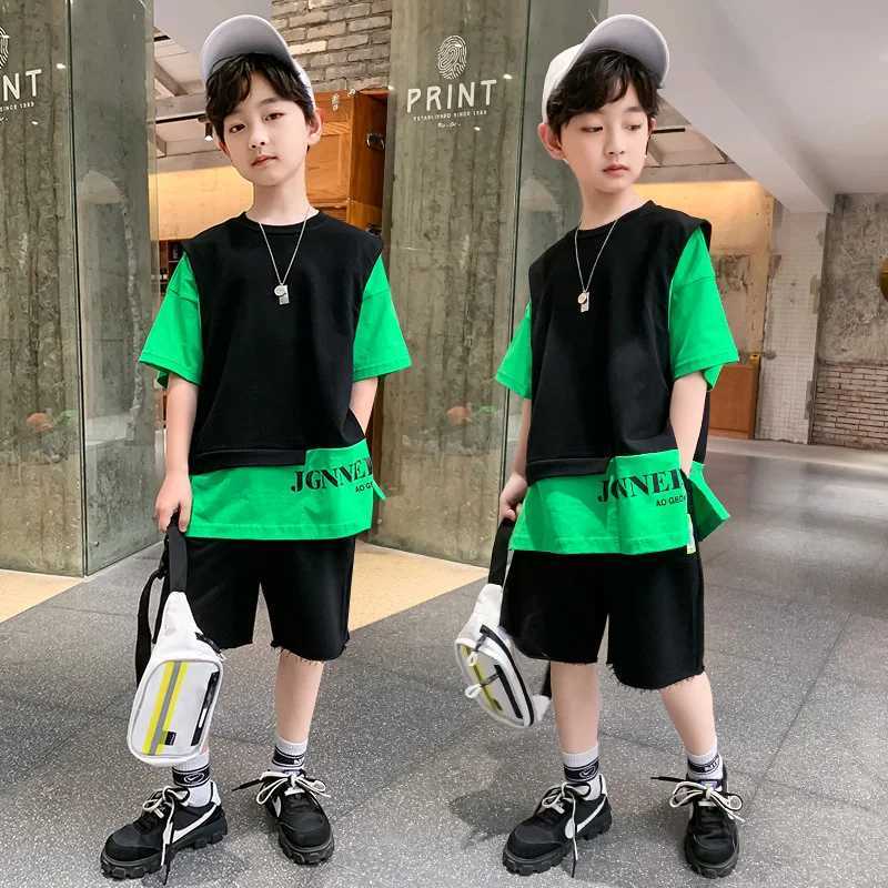 Clothing Sets Summer childrens mens clothing set childrens artificial two-piece letter printed T-shirt and shorts 2-piece set teenagers topY2412253HQX