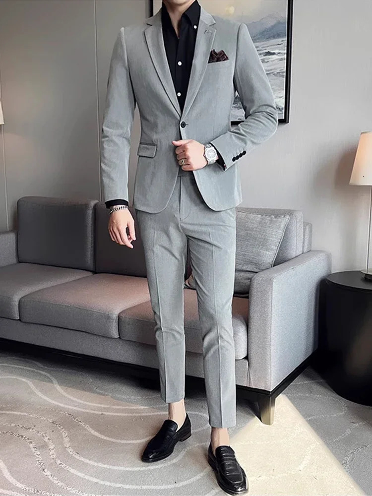 Jacket Pants High End Boutique Solid Color Mens Casual business office Suit Groom Wedding Dress Party Blazer Trousers 241225