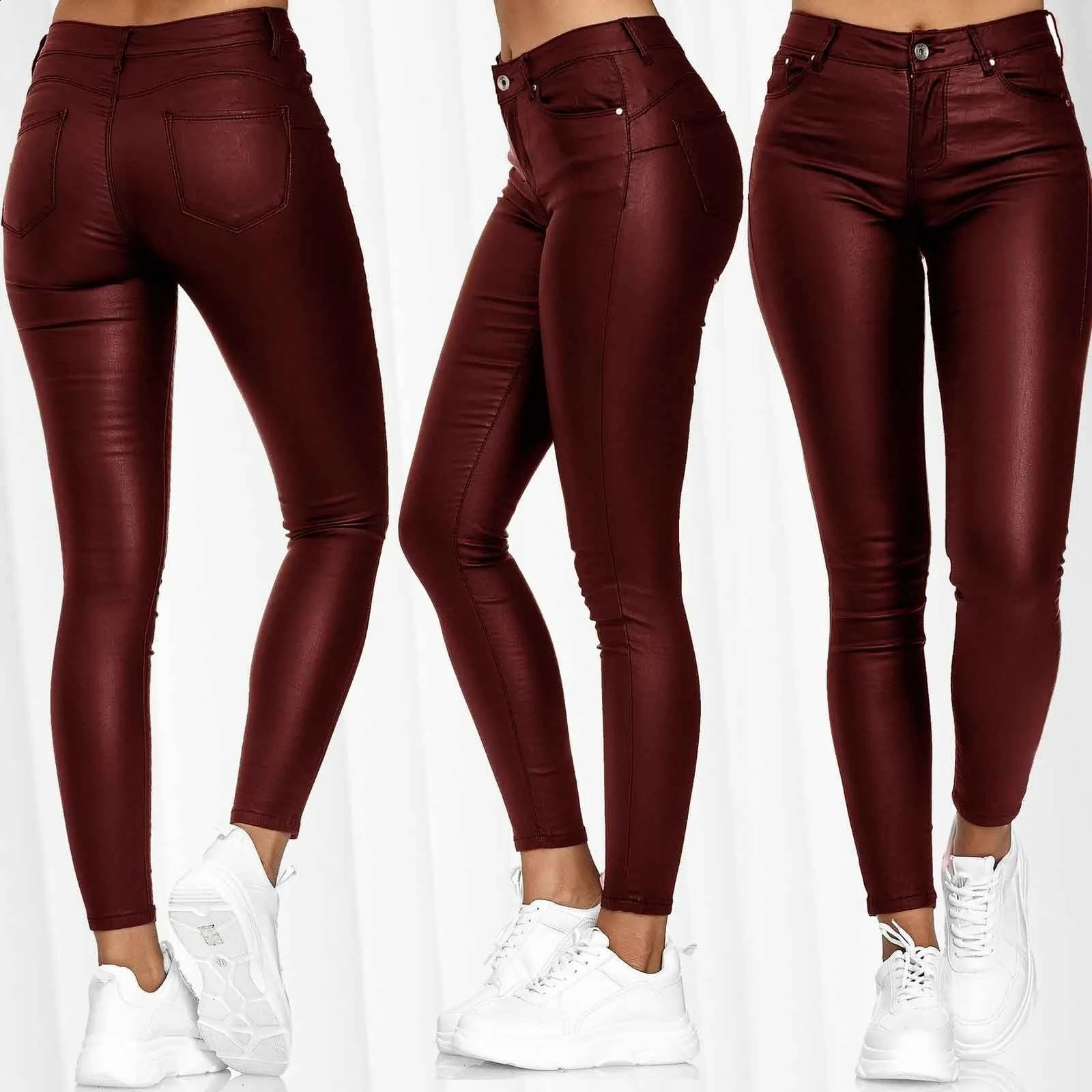 Female Leather Leggings Pants Girl Solid Small Feet Fashion Stretch Trousers Slim Fit Autumn High Waist Casual 241223