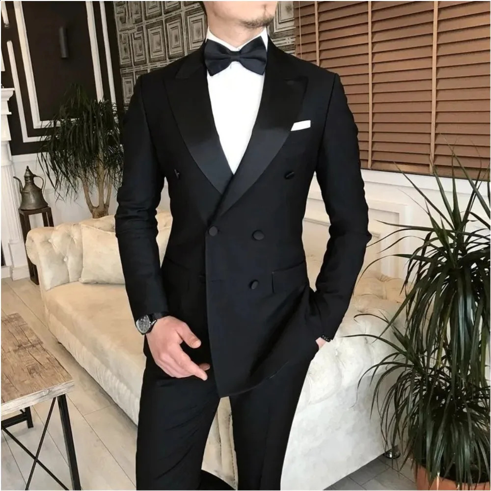 Black Suits for Men ed Lapel Double Breasted Bespoke Blazer Wedding Groom Tuxedos Prom Costume Homme 2 Pieces JacketPants 241223