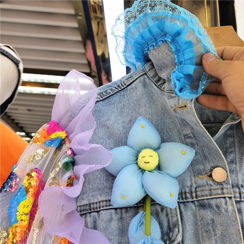 Hem Frayed Big Pocket Denim Jacket Women Multicolour Sequins Mesh Lantern Sleeve Cow Outwear Loose Short Jeans Jackets Female 241223