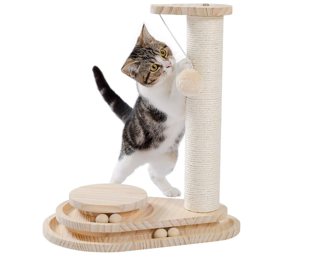 Made4Pets Cat Scratching Post for Indoor Cats Wooden Ball Track Two-Layer Modern Sisal 17.7" Tall Scratch Post Interactive Toy with Dangling Ball