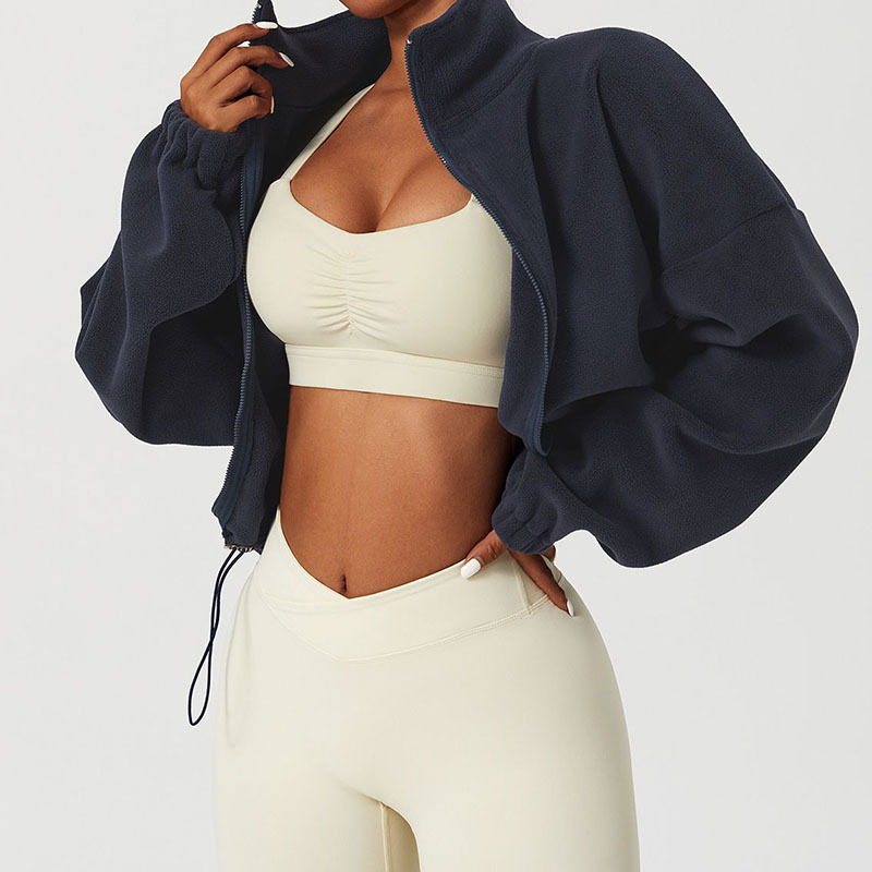 Autumn Winter Polar Fleece Cropped Coat Women Zipper Stand Collar Drawstring Outwear Woman Euro-American Outdoor Sports Jacket