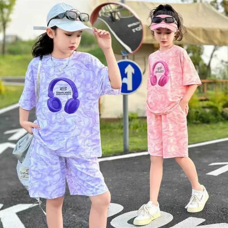 Clothing Sets Summer Teenage Clothes Set Children Girls Sweet Short Sleeve Tie Dye T-shirts and Shorts 2pcs Suit Kid Cute Top Bottom TracksuitY241225J