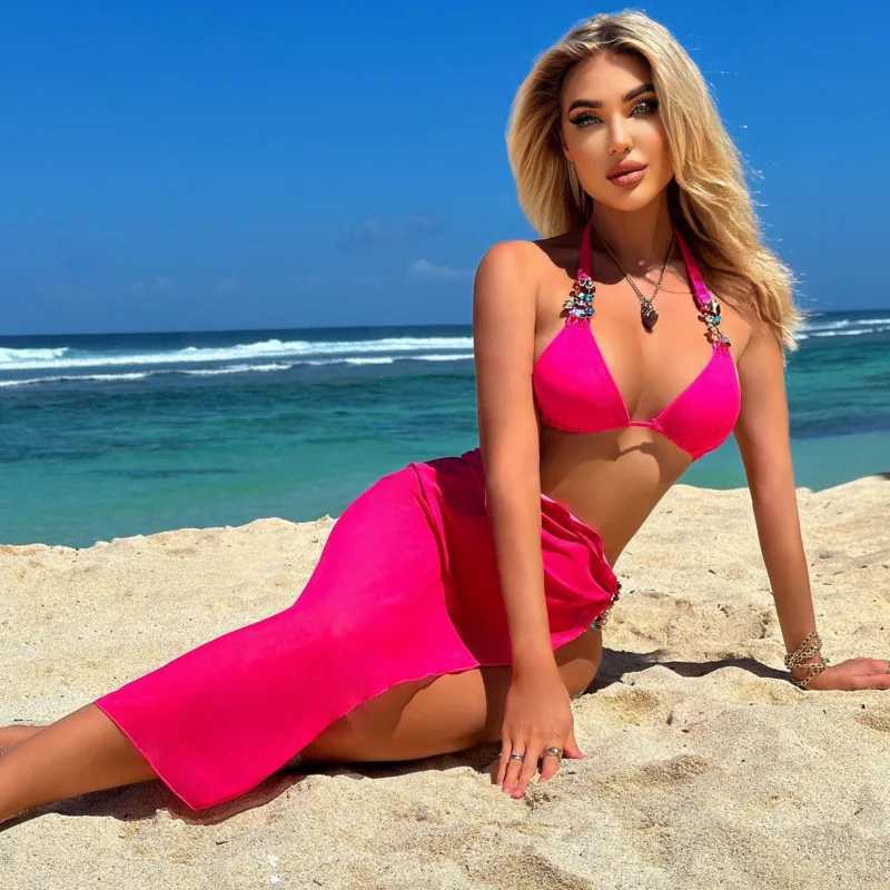 Yellow sexy rhinestone bikini 2025 womens swimsuit womens swimsuit Brazilian bikini set beachwearW241225