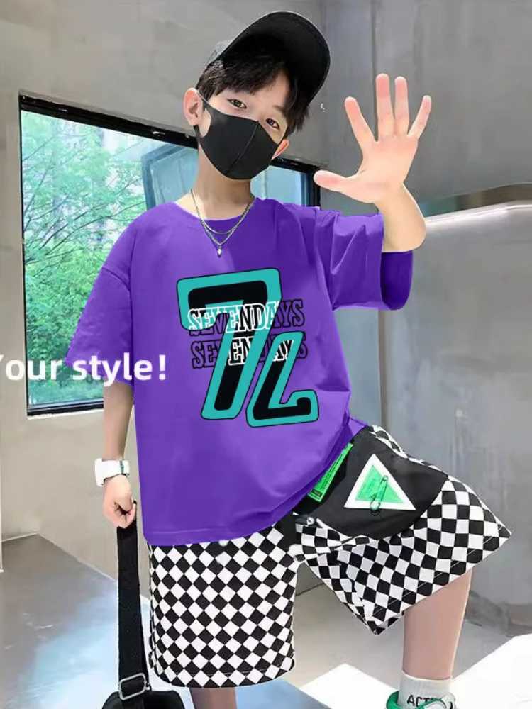 Clothing Sets Summer Children Boy Clothes Set Fashion Plaid Printed T-shirts and Shorts 2 Pieces Teenage Short Sleeve Top Bottom OutfitsY241225O40C