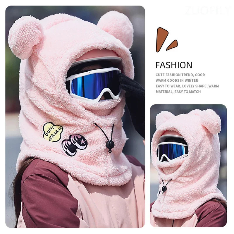 3D Bear Ear Skiing Helmet Cover Panda Skiing Plush Hats Comfortable Soft Wool Winter Outdoors Cute Riding Mask Keep Warm Caps 241225