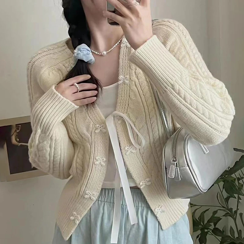Sweet Bow Knit Cardigan Womens Fall Retro Niche n Sweater Jacket Tops 241225
