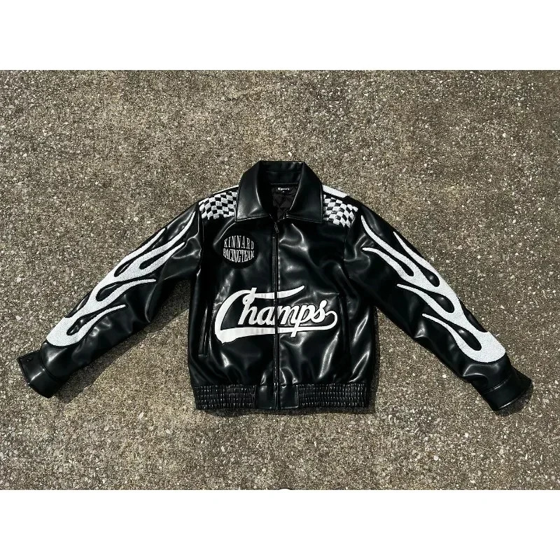 American Fashion PU Leather Flame Racing Element Embroidery Zipper Jacket Mens Y2k Autumn Winter Couple Coat 241225