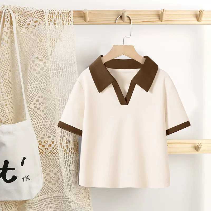 Girls polo shirt top Summer 2024 hot girl baby childrens T-shirt lapel short-sleeved T-shirt solid color V-neck top 1-10 yearsXJ241225