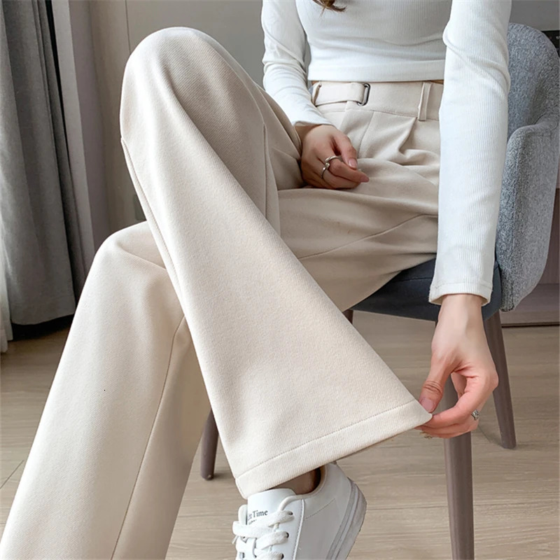 Seoulish Autumn Winter Thicken Woolen Casual Loose Full Length Pants 2023 Button High Waist Chic Wide Leg Trousers Female 241225