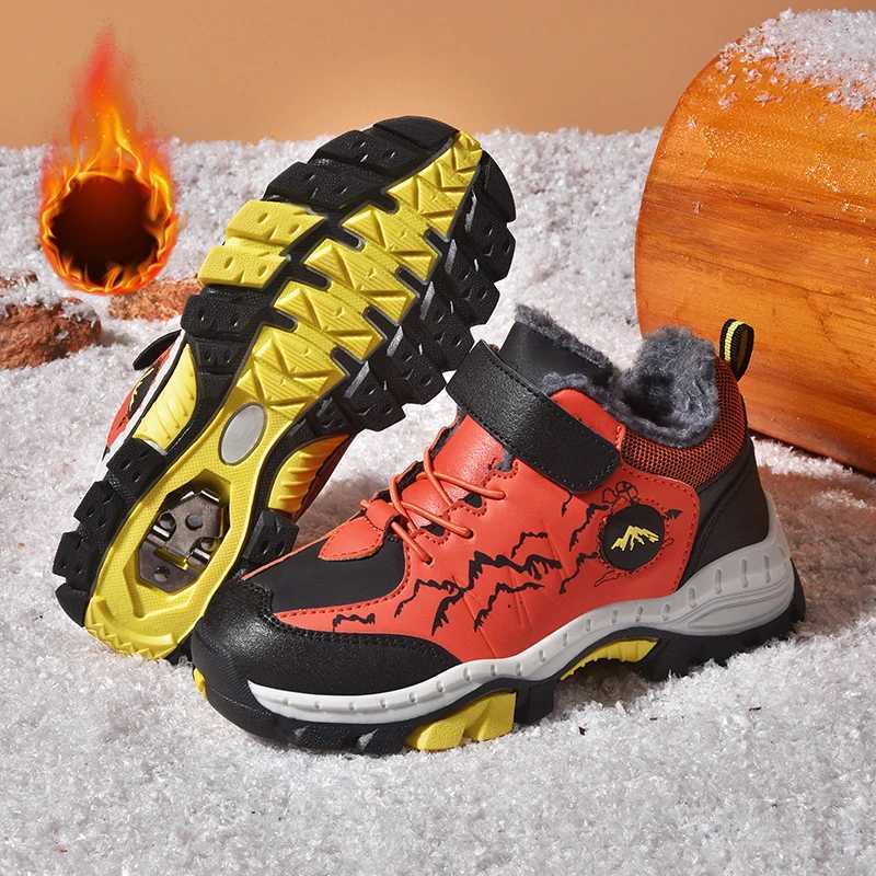 Athletic Outdoor Plush Children Shoes Boy Snow Boots Warm Cotton Kids Winter Shoes Leather Non-slip Sports Outdoor Boy Sneaker Short Boots H241223