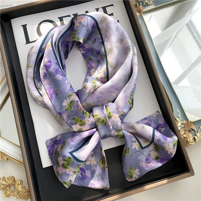 faux Real Silk Scarf Women Print Silk Satin Shawl Wraps Long Pure Silk Ribbon Decoration Hijabs Double-sided Neckerchief Foulard 241225