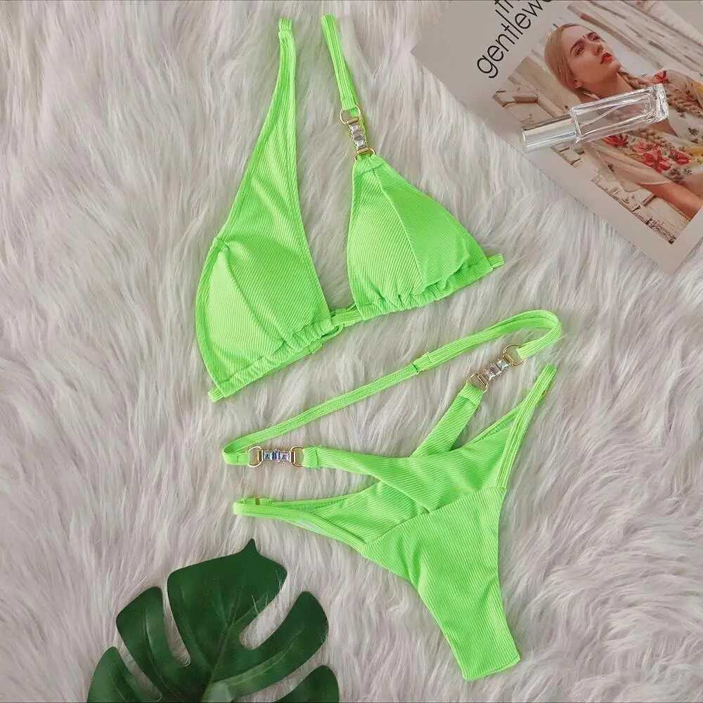 2024 New Womens Summer Sexy Pink Stripe Bikini Set Crystal Diamond Single Shoulder Swimsuit Beach Luxury SwimsuitW241225
