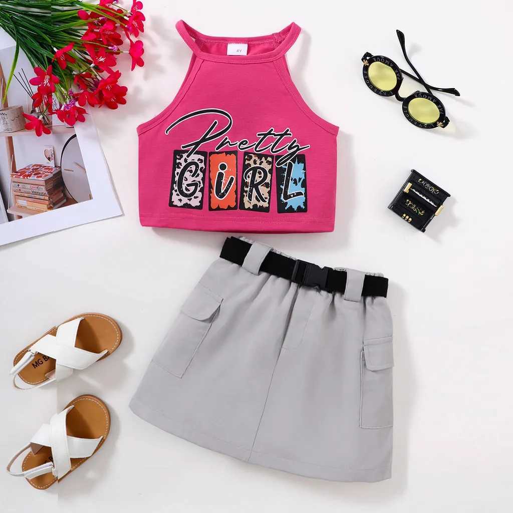 Clothing Sets 2PCS Summer Kids Clothes Girl Hanging Neck Collar Letter Pattern Top+Short Skirt Fashion Korean Style Costume for Girl 4-7 YearsY241225F