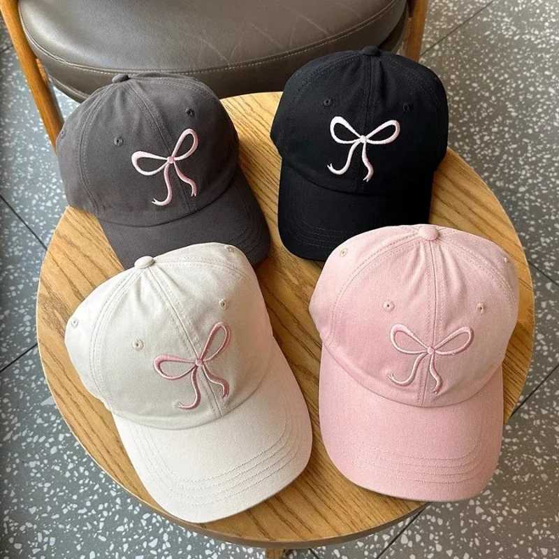 Korean Bow Baseball Hat Womens Y2K Pink Bow Embroidered Snap Cap Summer Adjustable Soft Top Toe Hat Gorilla W241225