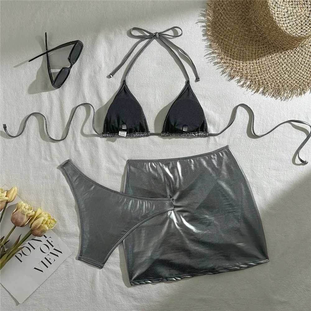 Gold mini thong bead 3-piece bikini set for women suspender swimsuit set for women swimsuit set for womenW241225