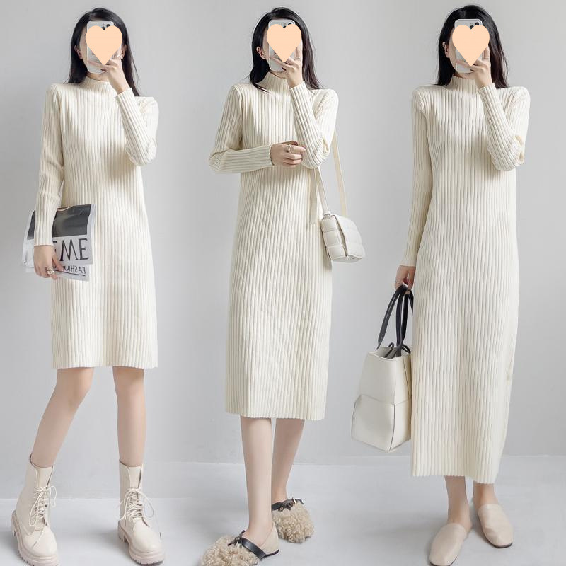 V65048 New knitted bottoming dress for women, autumn and winter high collar, medium and long style, temperament sweater long skirt over the knee