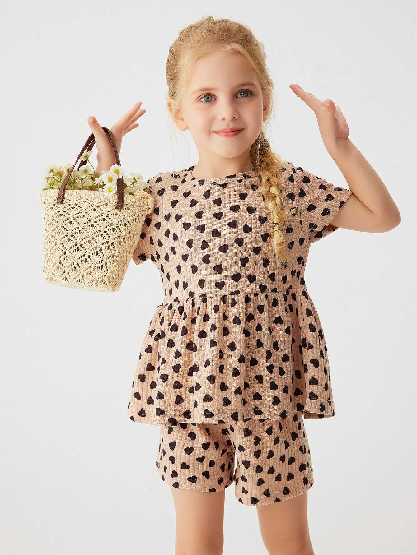 Clothing Sets Full Print Love Short Sleeve Shorts Set 0-4Y Summer Toddler Girls Fashion Set Childrens Casual T-shirt SuitY241225E2MC