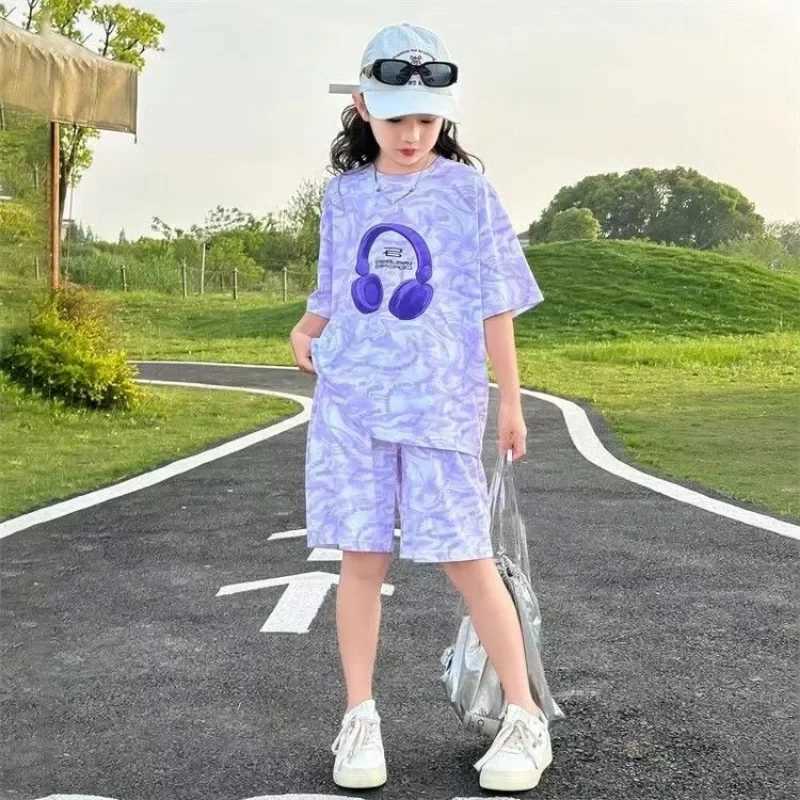 Clothing Sets Summer Teenage Clothes Set Children Girls Sweet Short Sleeve Tie Dye T-shirts and Shorts 2pcs Suit Kid Cute Top Bottom TracksuitY241225J