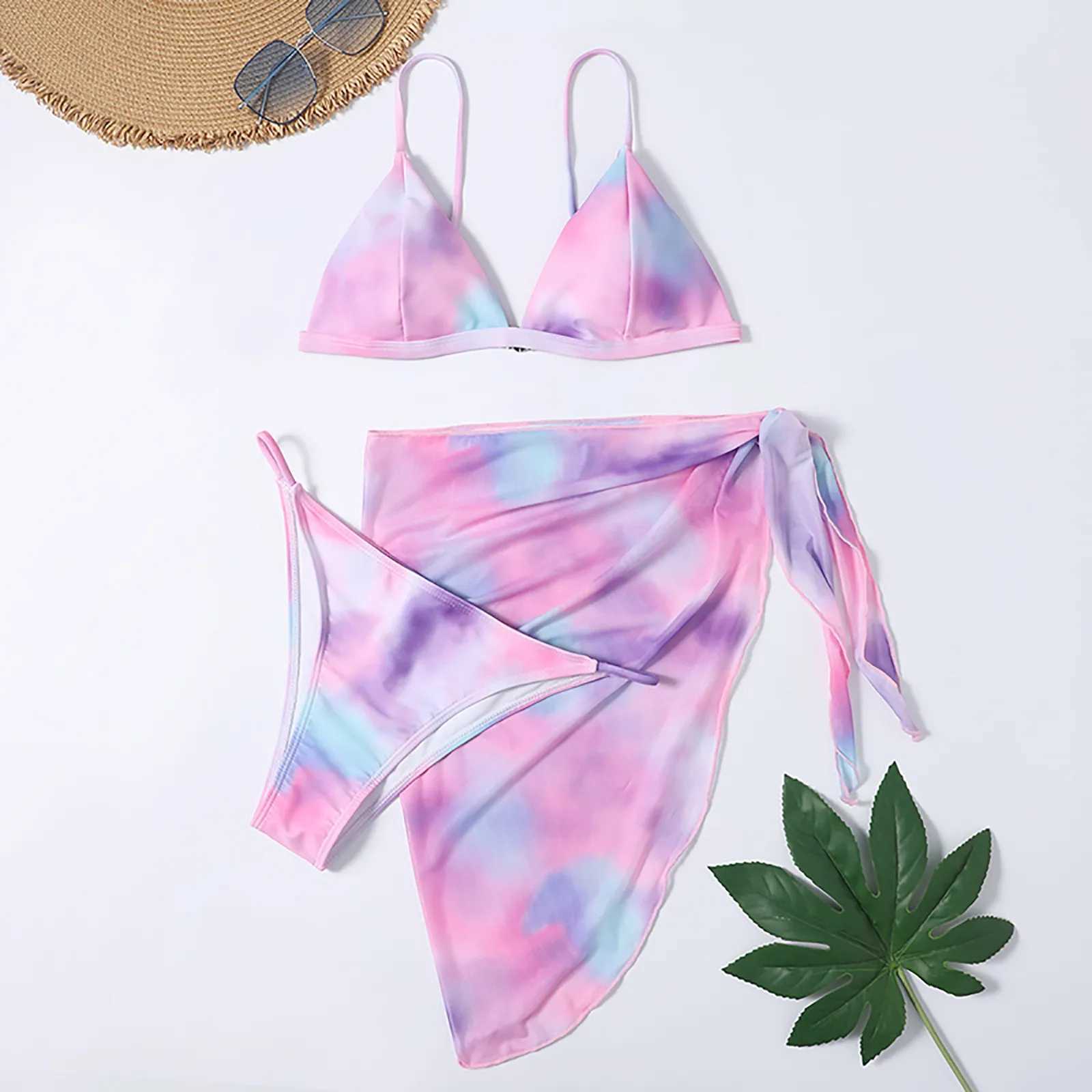 Cute bikini top swimsuit womens bikini mesh style tight fitting womens waist three piece split tie dye printingW241225