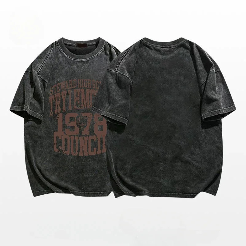 Heavy cotton trendy distressed washed T-shirt short-sleeved mens summer American street loose retro half-sleeved ins tops 241224